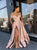 A Line Off the Shoulder V Neck Satin Prom Dresses with High Split 