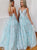 Blue A Line Lace Up V Neck Tulle Prom Dresses