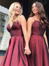 Burgundy V Neck A Line Satin Prom Dress LBQ0871