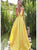 A Line Yellow V Neck Open Back Satin Prom Dresses