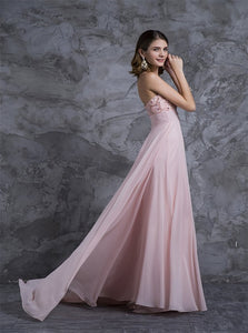 Sweetheart Sweep Train Chiffon Prom Dresses With Beadings