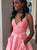 A Line Spaghetti Straps V Neck Pink Satin Prom Dresses