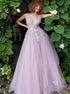 A Line V Neck Tulle Appliques Open Back Purple Prom Dresses LBQ3484