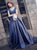 A Line V Neck Appliques Satin Sweep Train Prom Dresses