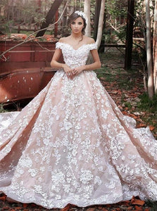 Off the Shoulder Ball Gown Tulle Appliques Wedding Dresses