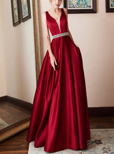 A Line Satin Wine Red V Neck Open Back Prom Dresses