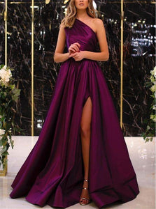 A Line One Shoulder Pleats Slit Satin Prom Dresses 