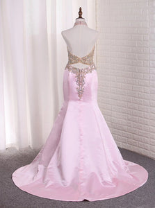 Sweep Train Pink Backless Evening Dresses