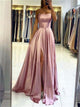  A Line Spaghetti Straps Pink Satin Lace Up Prom Dress with Slit