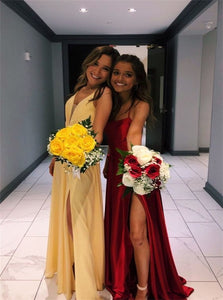 A Line Yellow V Neck Chiffon Prom Dress with Slit 