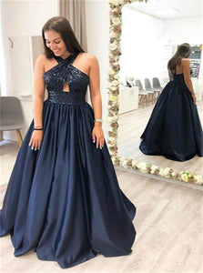 Dark Navy A Line Halter Satin Prom Dress with Sequins