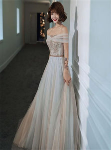 A Line Off the Shoulder Tulle Beading Prom Dresses