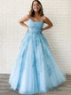 A Line Spaghetti Straps Blue Lace Tulle Prom Dresses