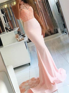 High Neck Satin Mermaid Appliques Prom Dresses