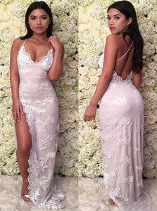 Mermaid Spaghetti Straps Lace Criss Cross Prom Dresses  