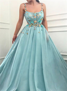 Spaghetti Straps A Line Beading Flowers Tulle Prom Dresses