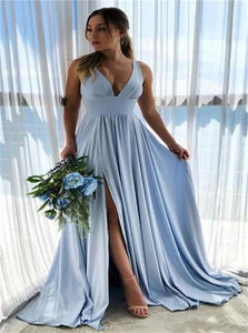 A Line V Neck Satin Prom Dress with Slit