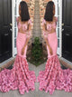 Pink Mermaid Scoop Appliques Satin Prom Dresses