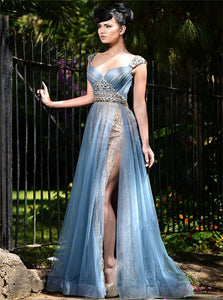 A Line Blue Straps Tulle Rhinestones Prom Dress with Slit